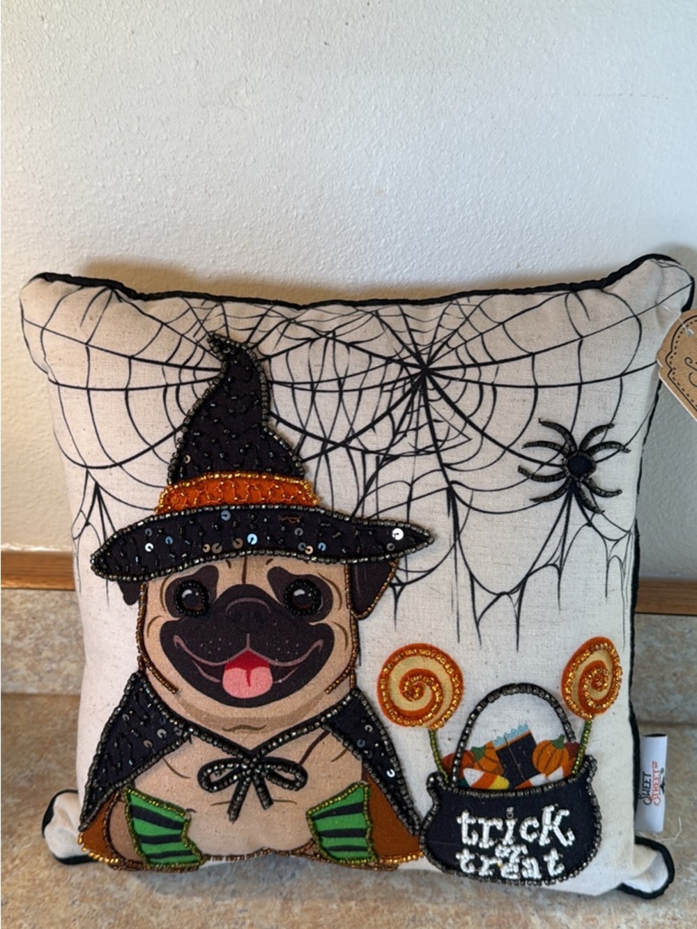 Halloween Pug Witch Decorative Pillow - Cream and Black